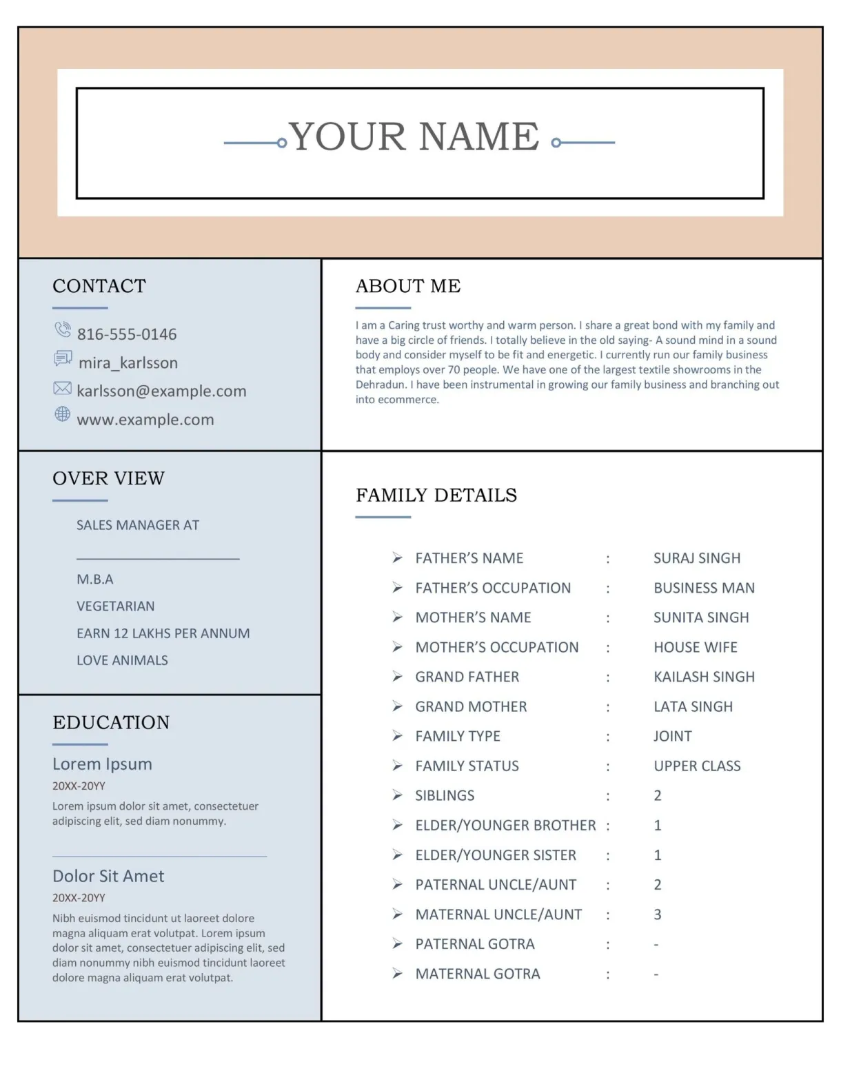 Perfect marriage bio data in ms-word format printable coloring page