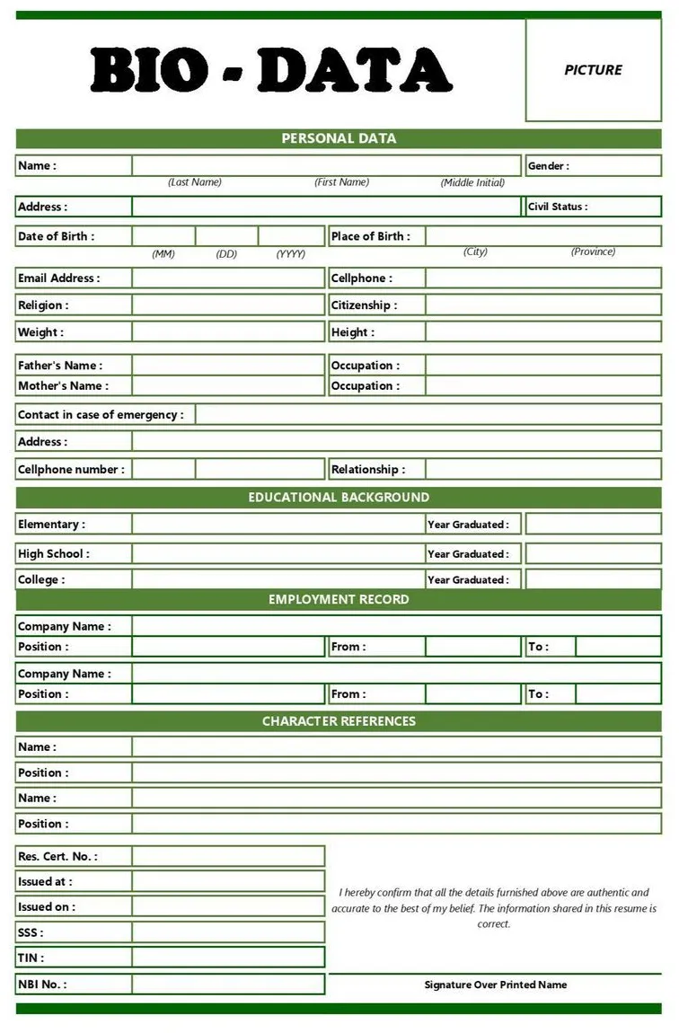 Bio data form philippines copyrighted bio data biodata format data form