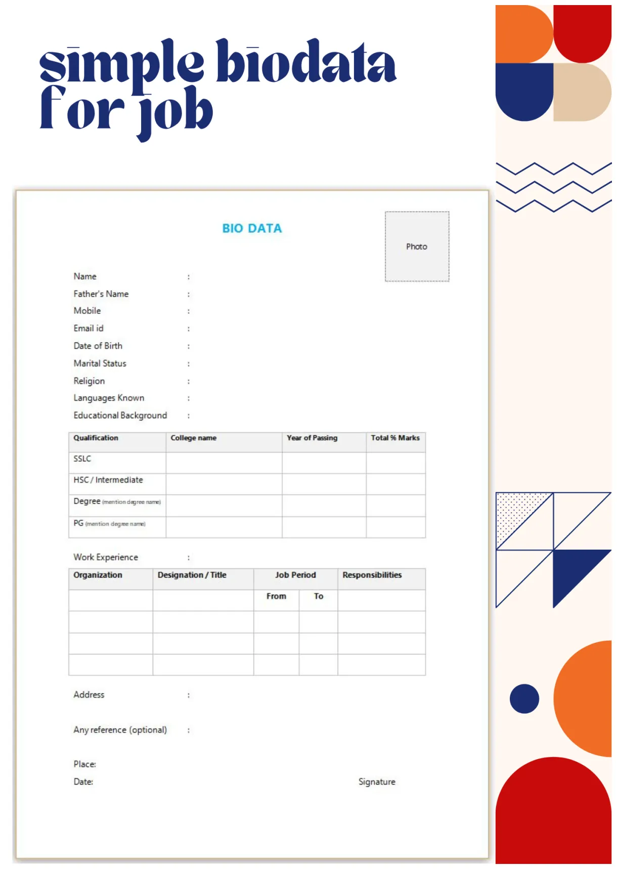 Simple biodata format for job