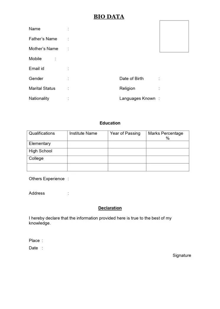 Biodata format for job l biodata format in word printable coloring page