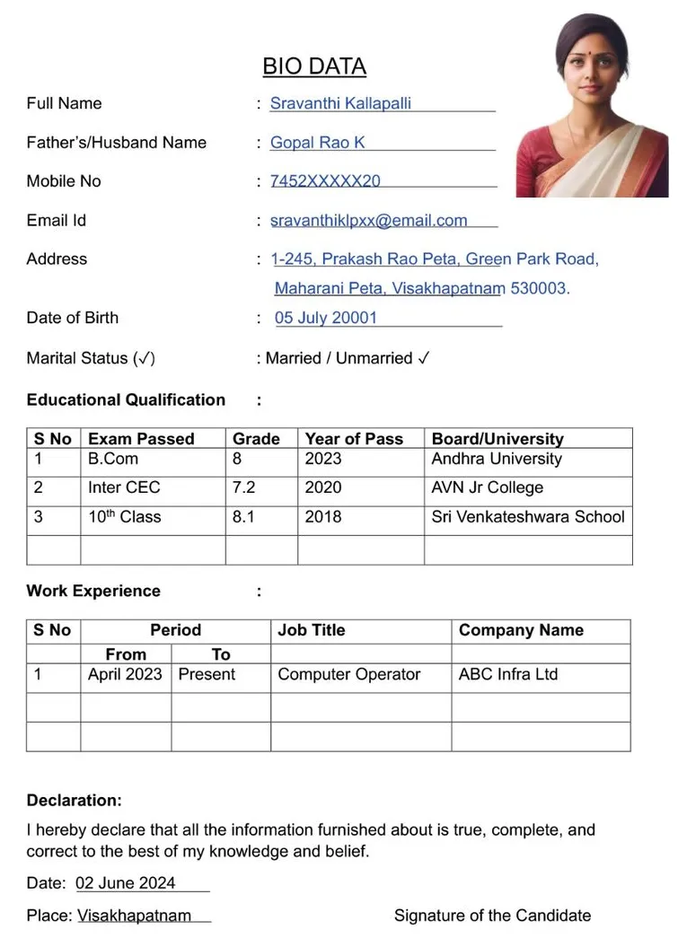 In 2024 bio data, biodata format, job
