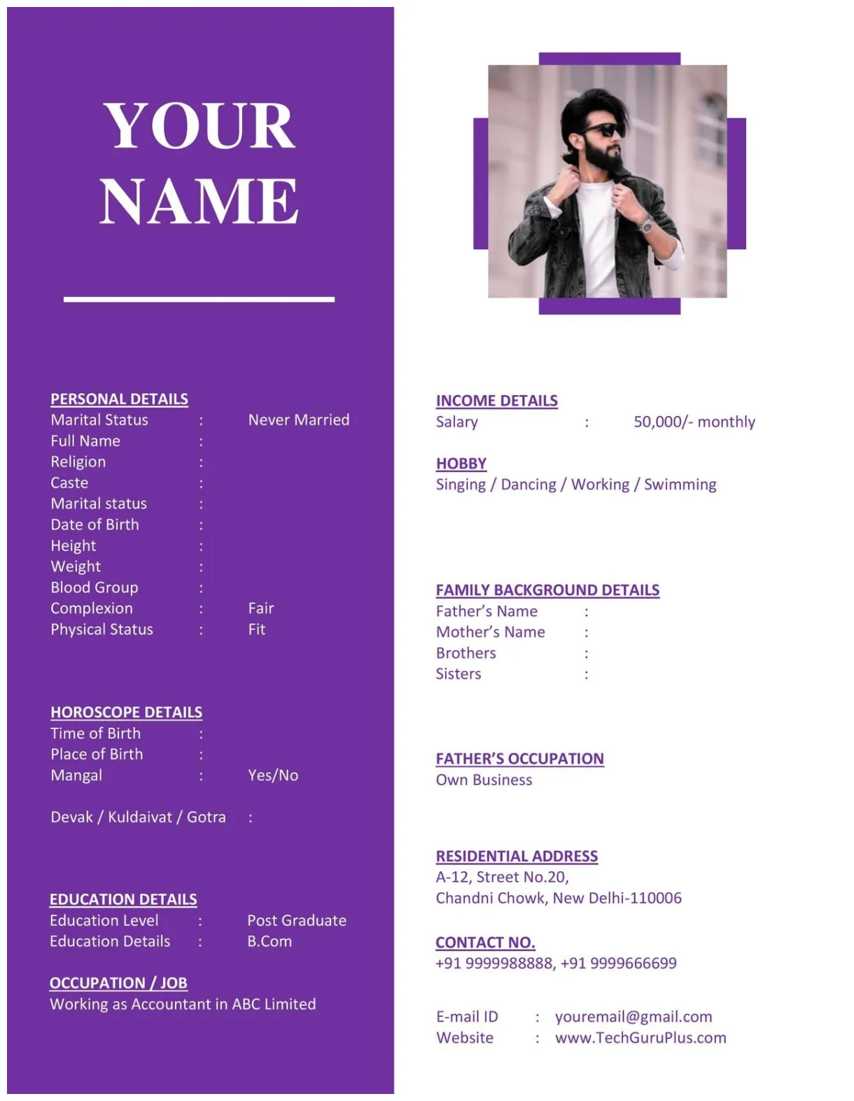 Stylish marriage biodata-word format .docx & .pdf download