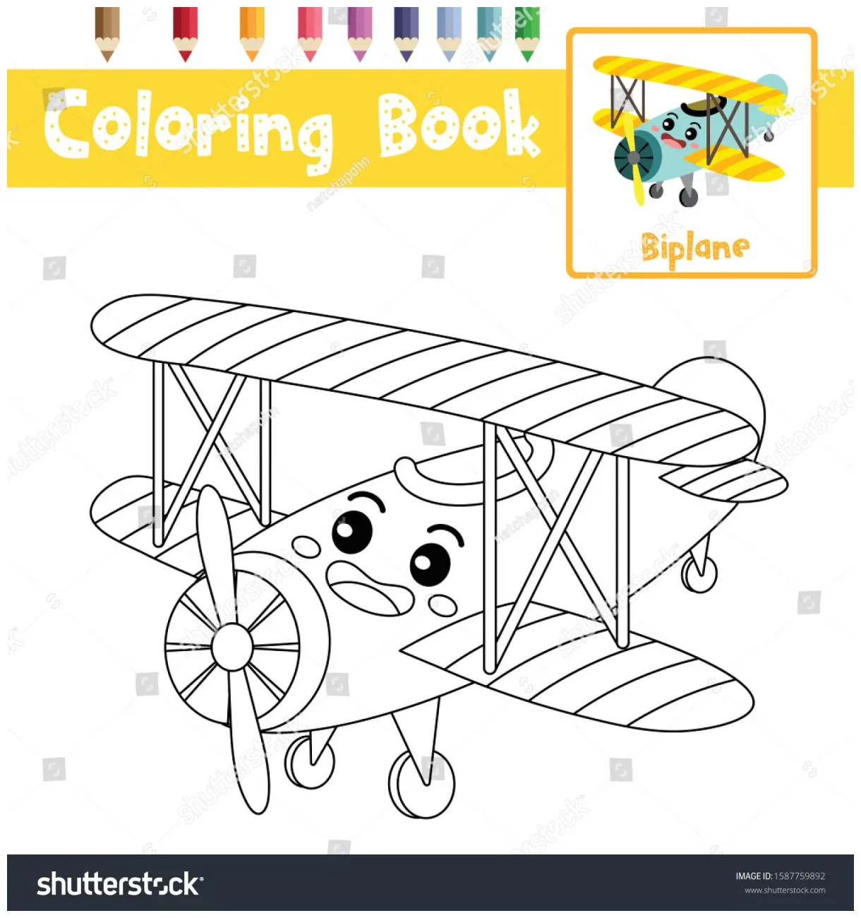 Cute biplane cartoon character coloring page