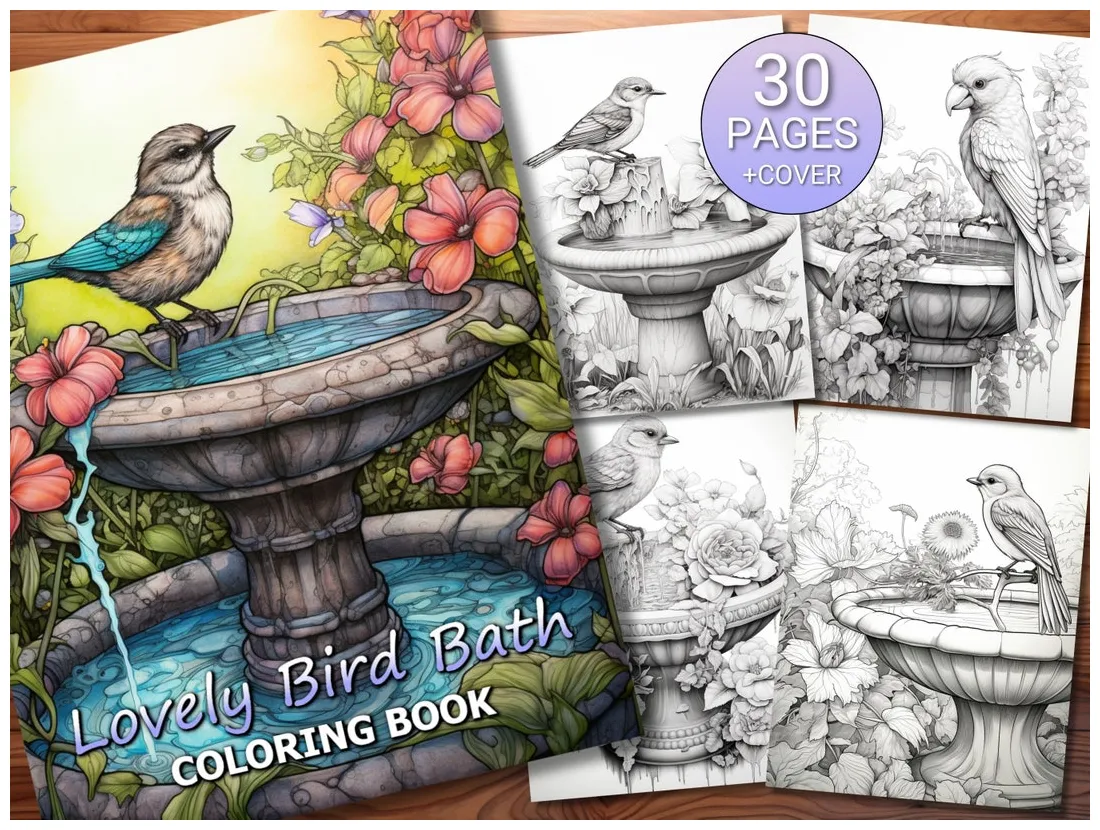 30 Lovely Bird Bath Coloring Page Book - Adults + Kids - Instant