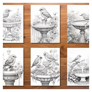 30 Lovely Bird Bath Coloring Page Book - Adults + Kids - Instant