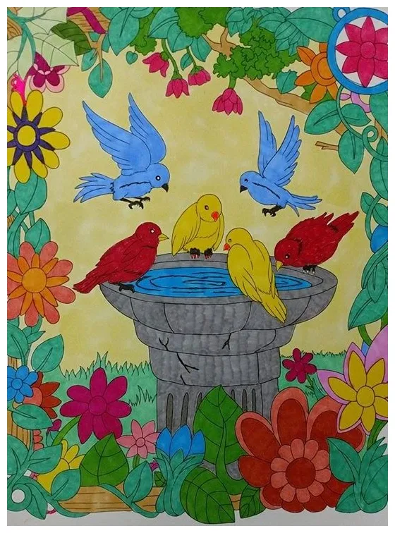 Birds in a Bird Bath Coloring Page