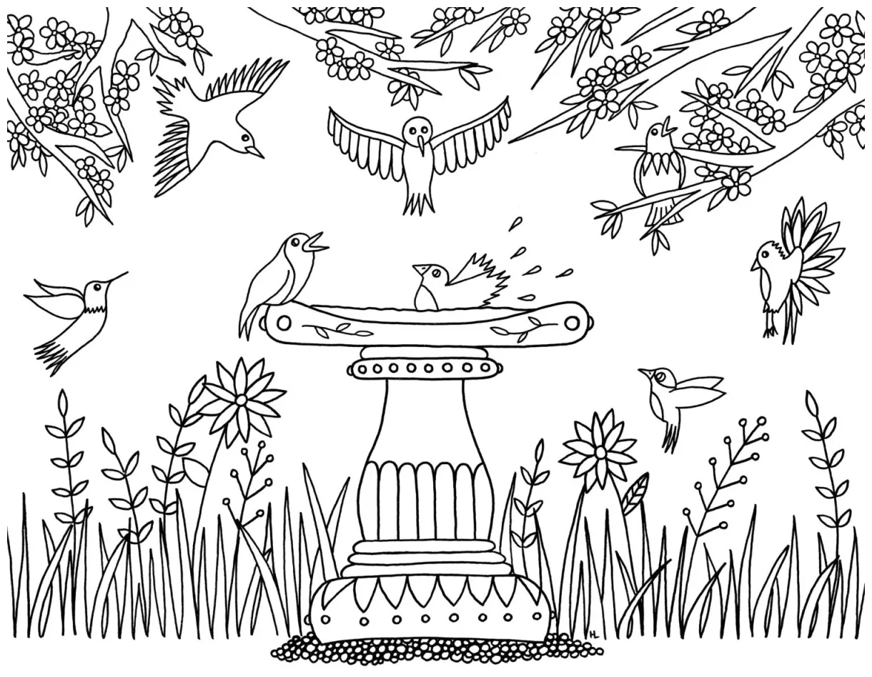 Bird Bath Digital Download Coloring Page