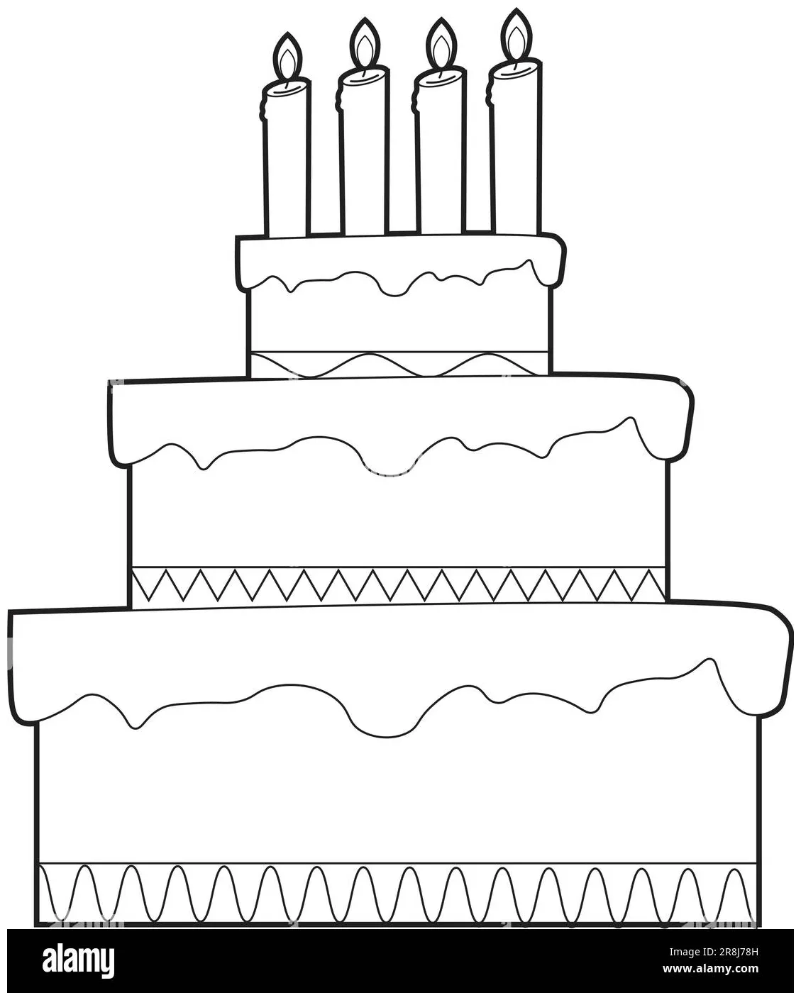 Coloring page of a tiered birt ay cake with candles. illustration for