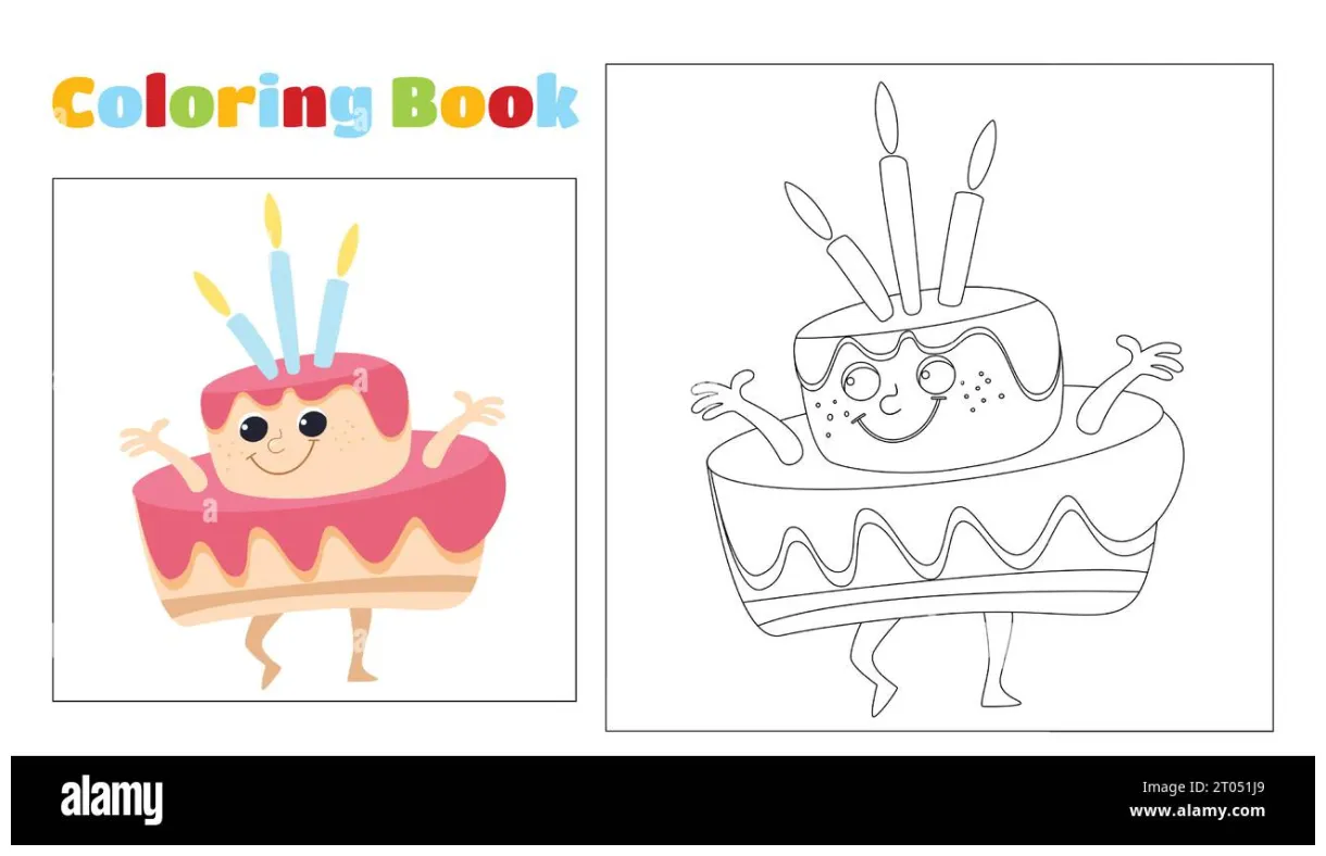 Children's coloring cute birt ay cake with candles fun dancing