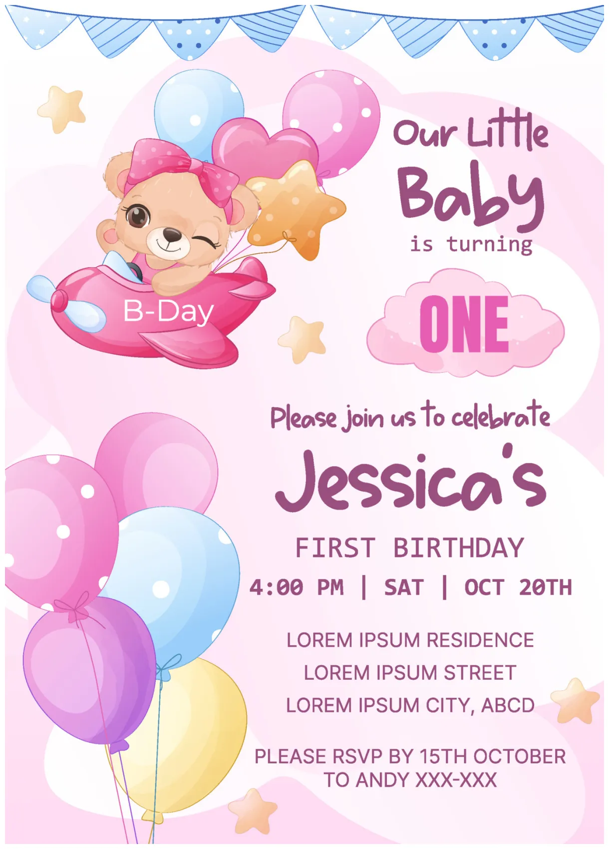 Adorable birthday party invitation template with baby bear 21524079