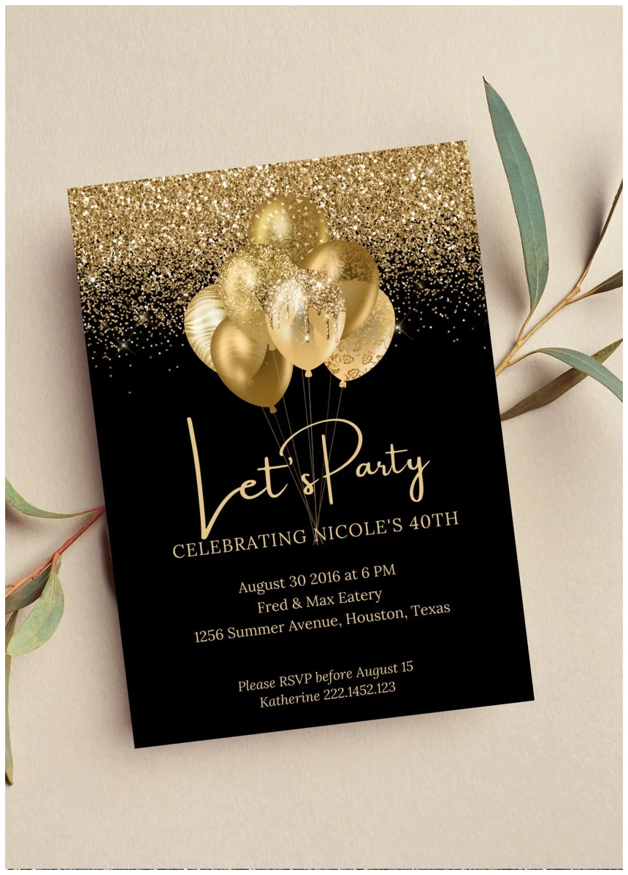 Editable Black and Gold Birthday Invitation Let's Party - Etsy | Idée