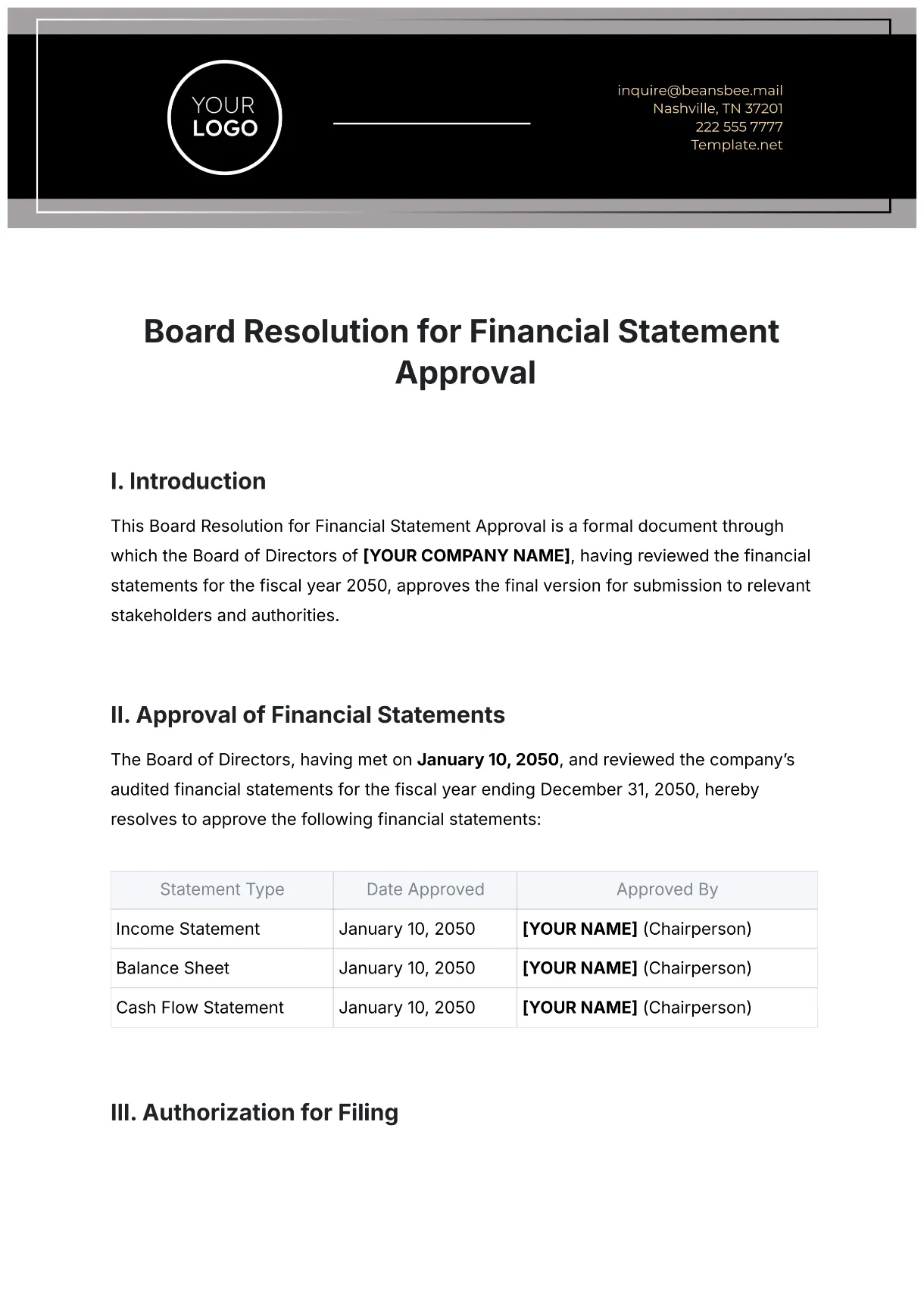 Free board resolution template to edit online