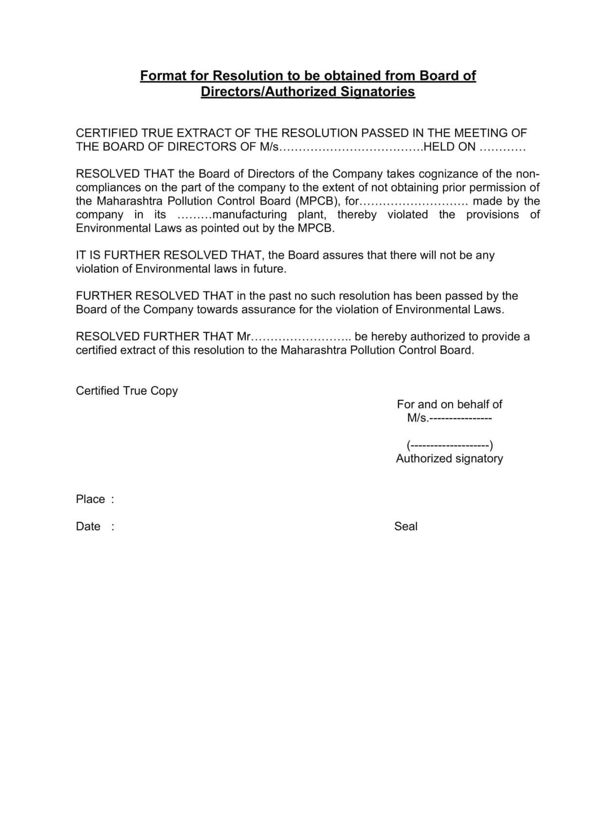 Free printable board resolution templates [pdf, word] examples