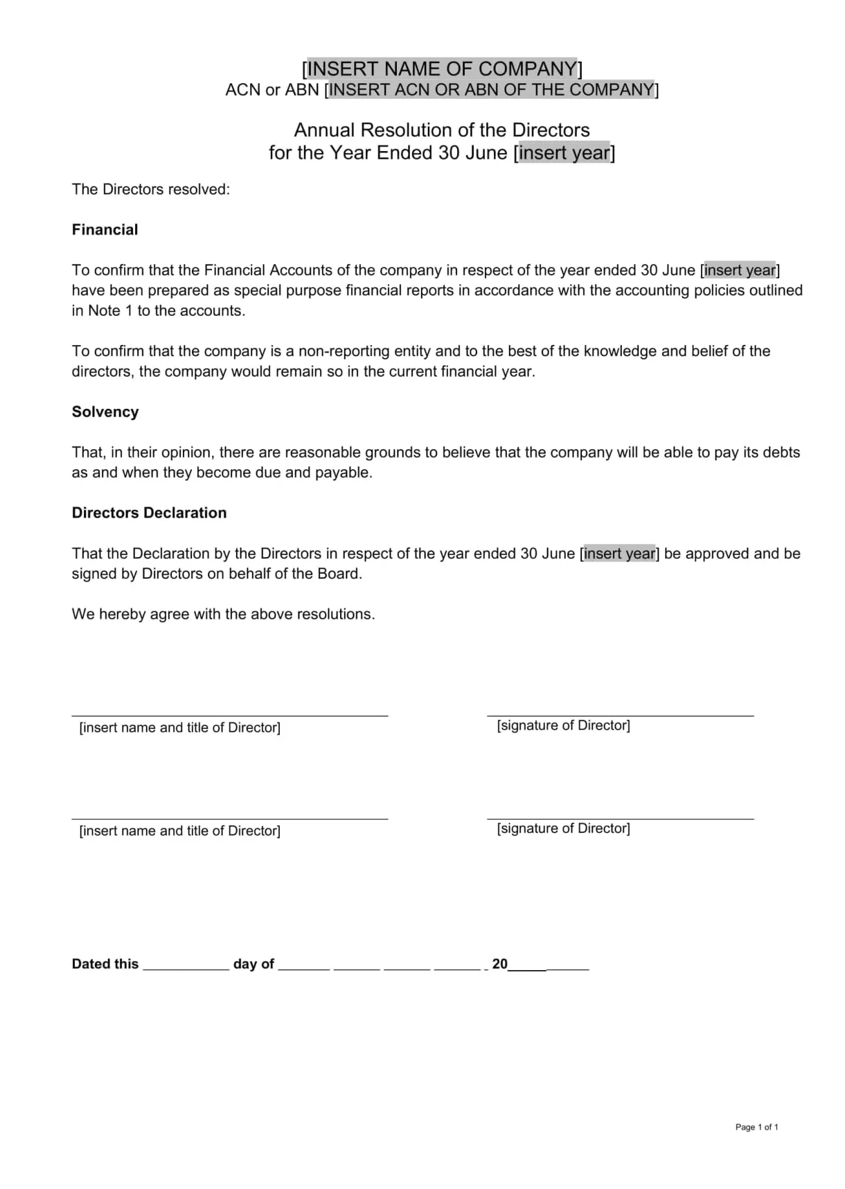 Free printable board resolution templates [pdf, word] examples