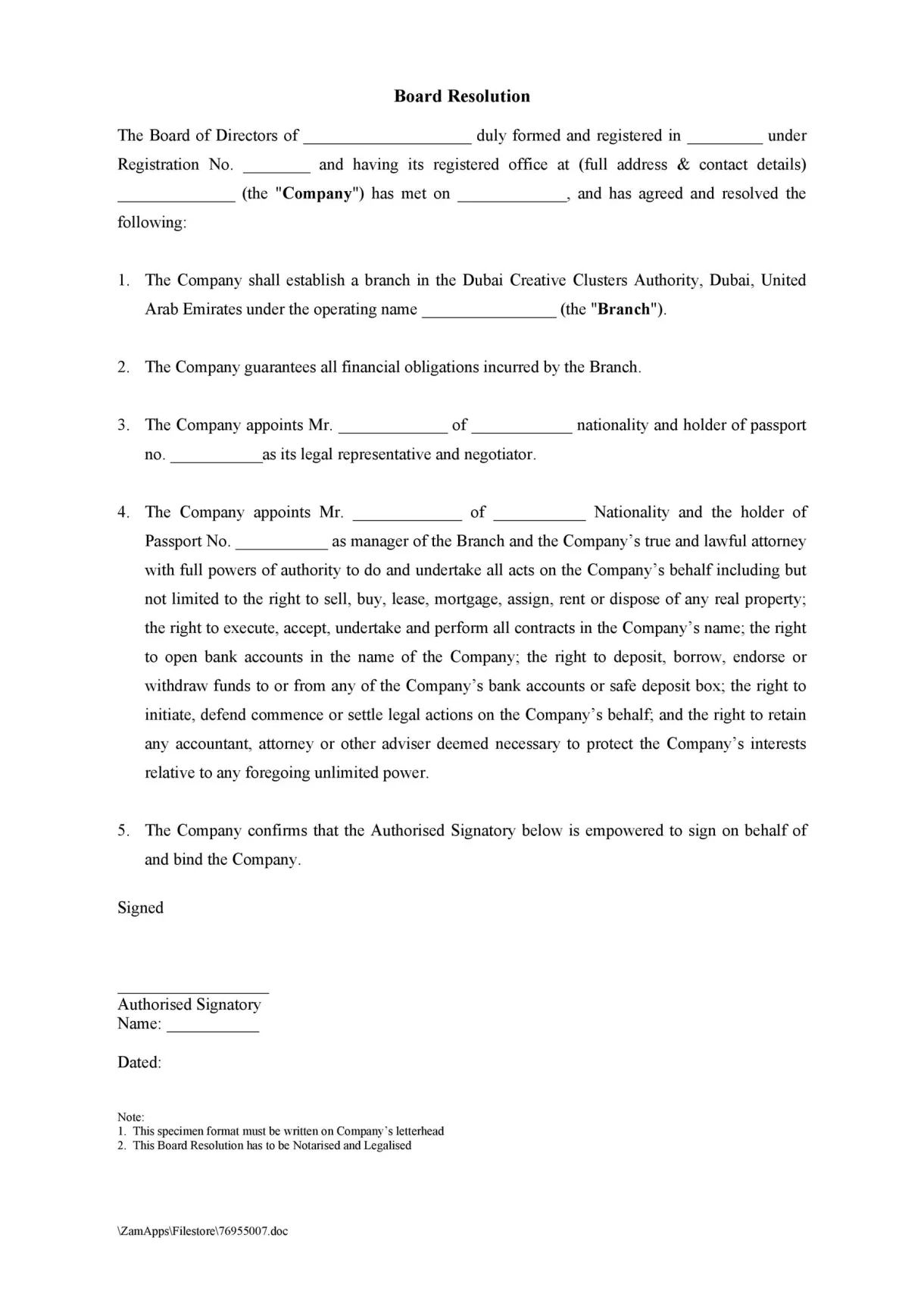 Sample board resolution template