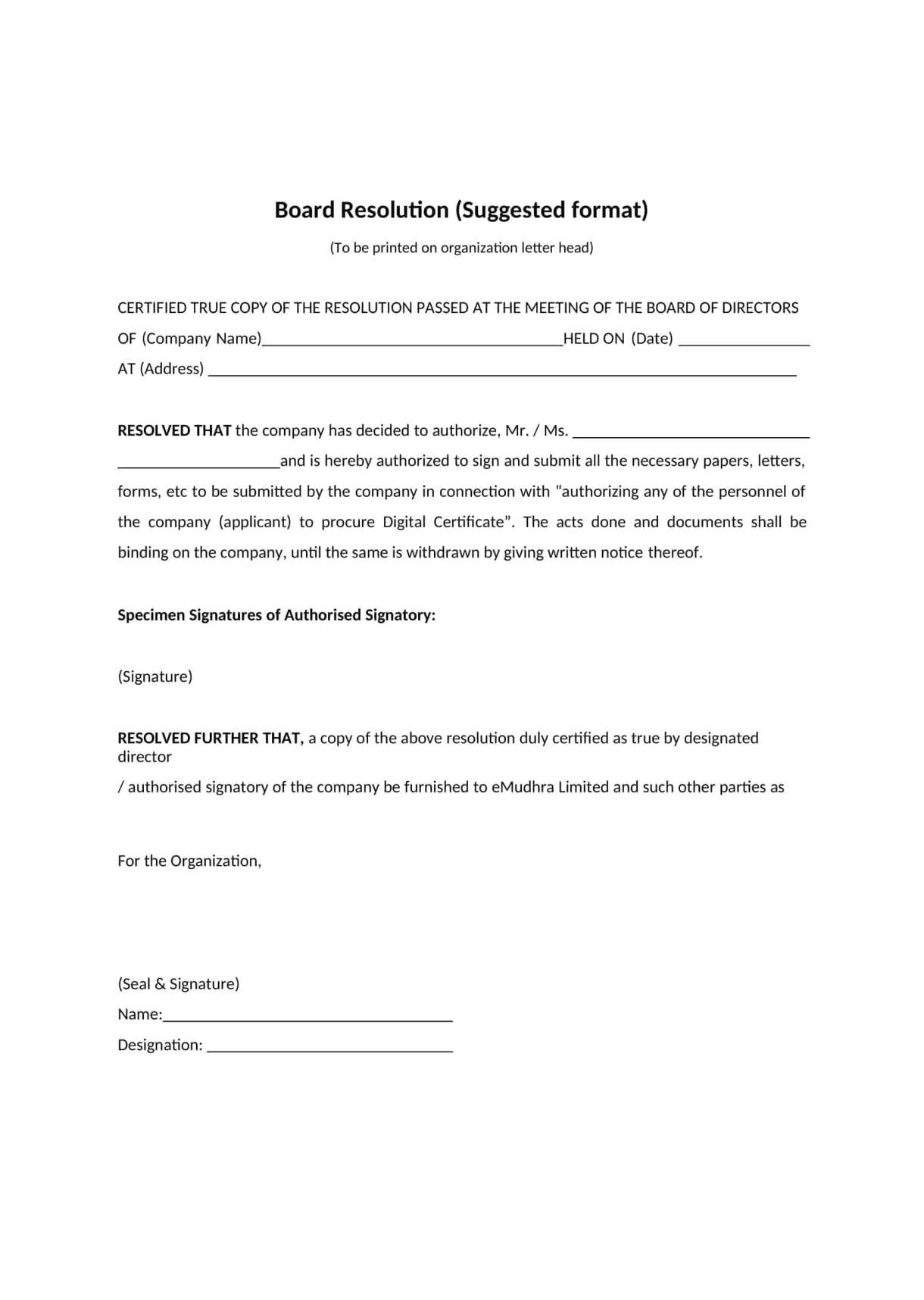 Free printable board resolution templates [pdf, word] examples