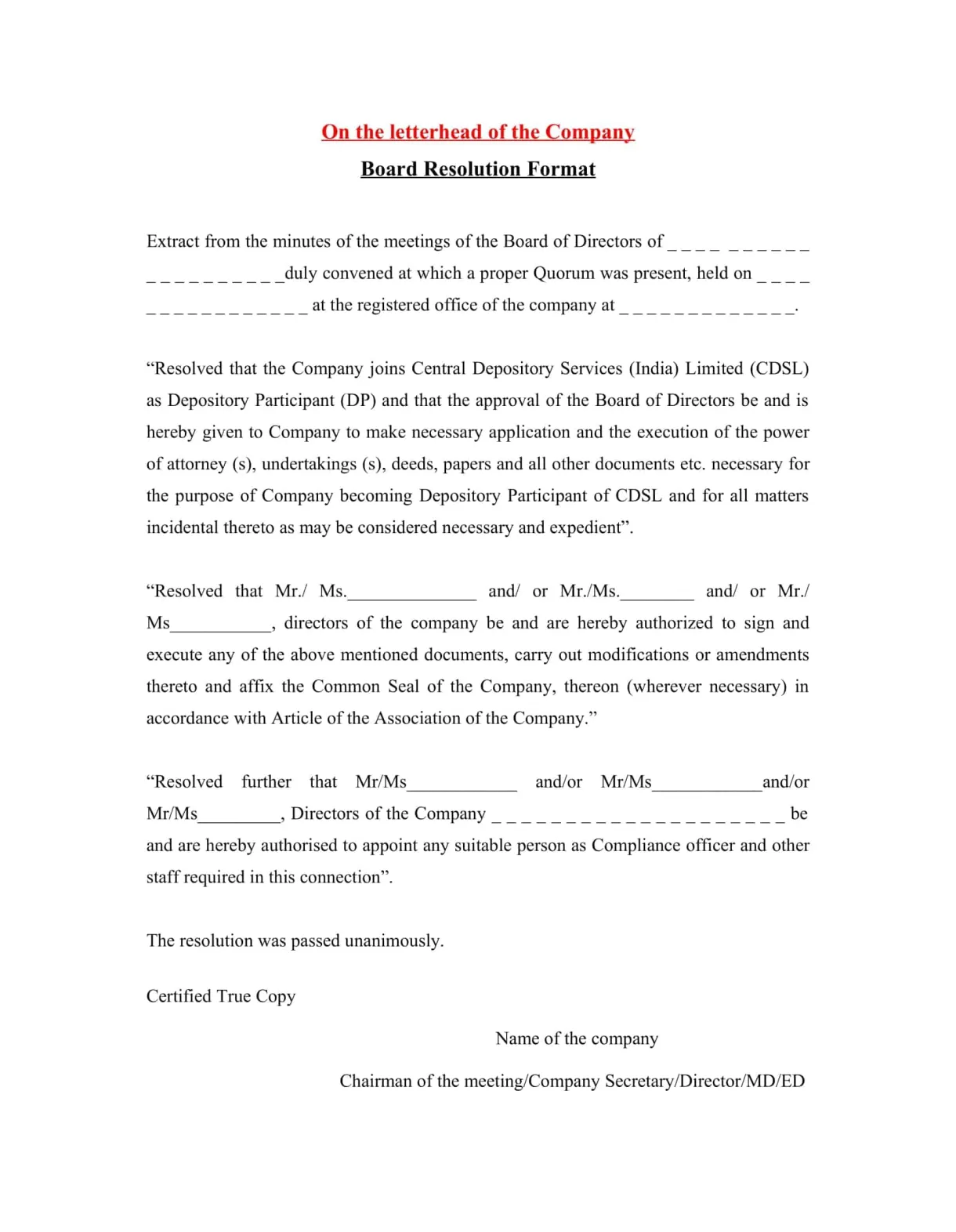 Free printable board resolution templates [pdf, word] examples