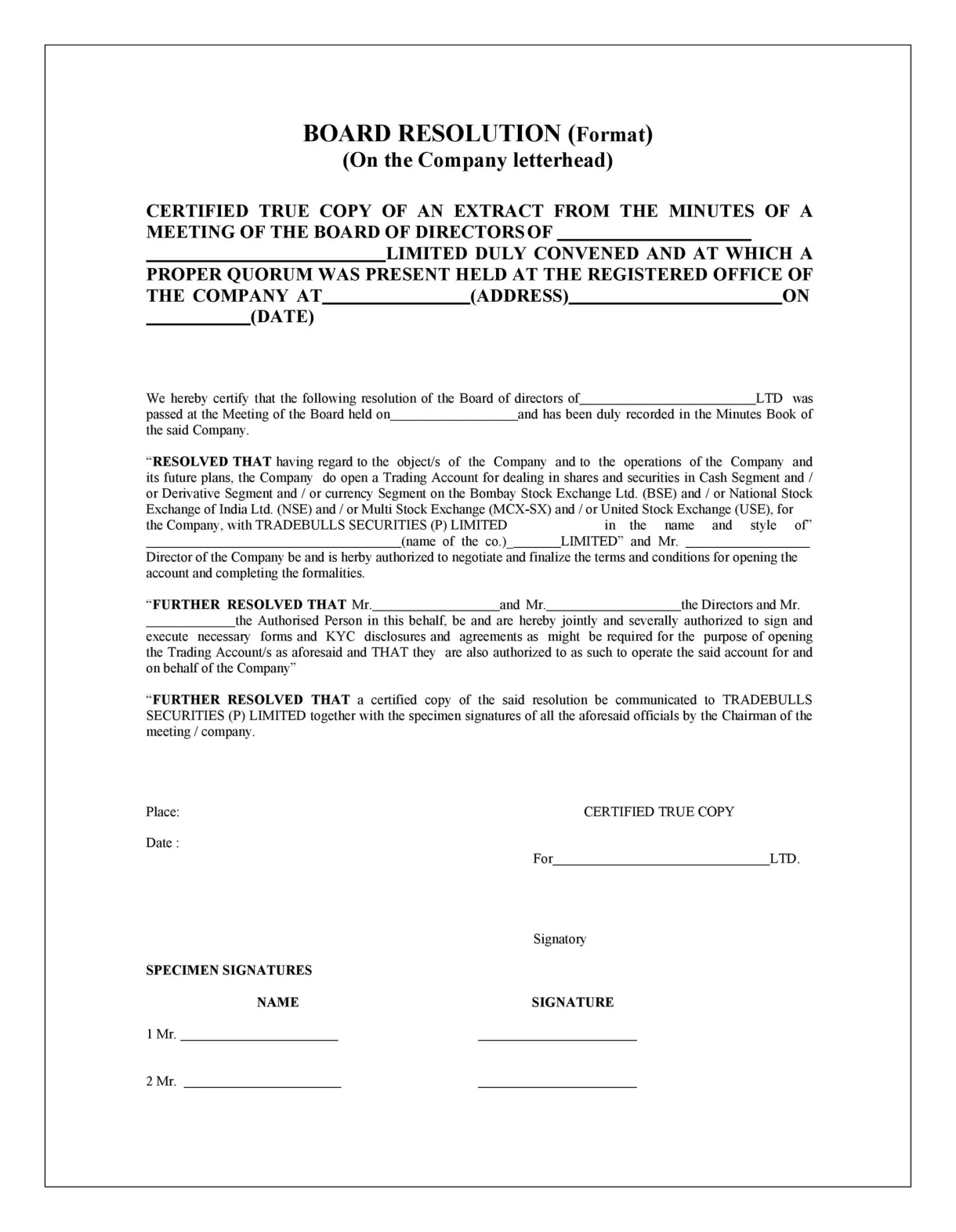 Sample board resolution template