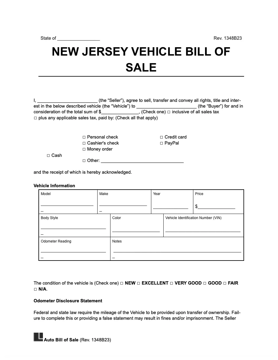 New jersey bill of sale vehicle example