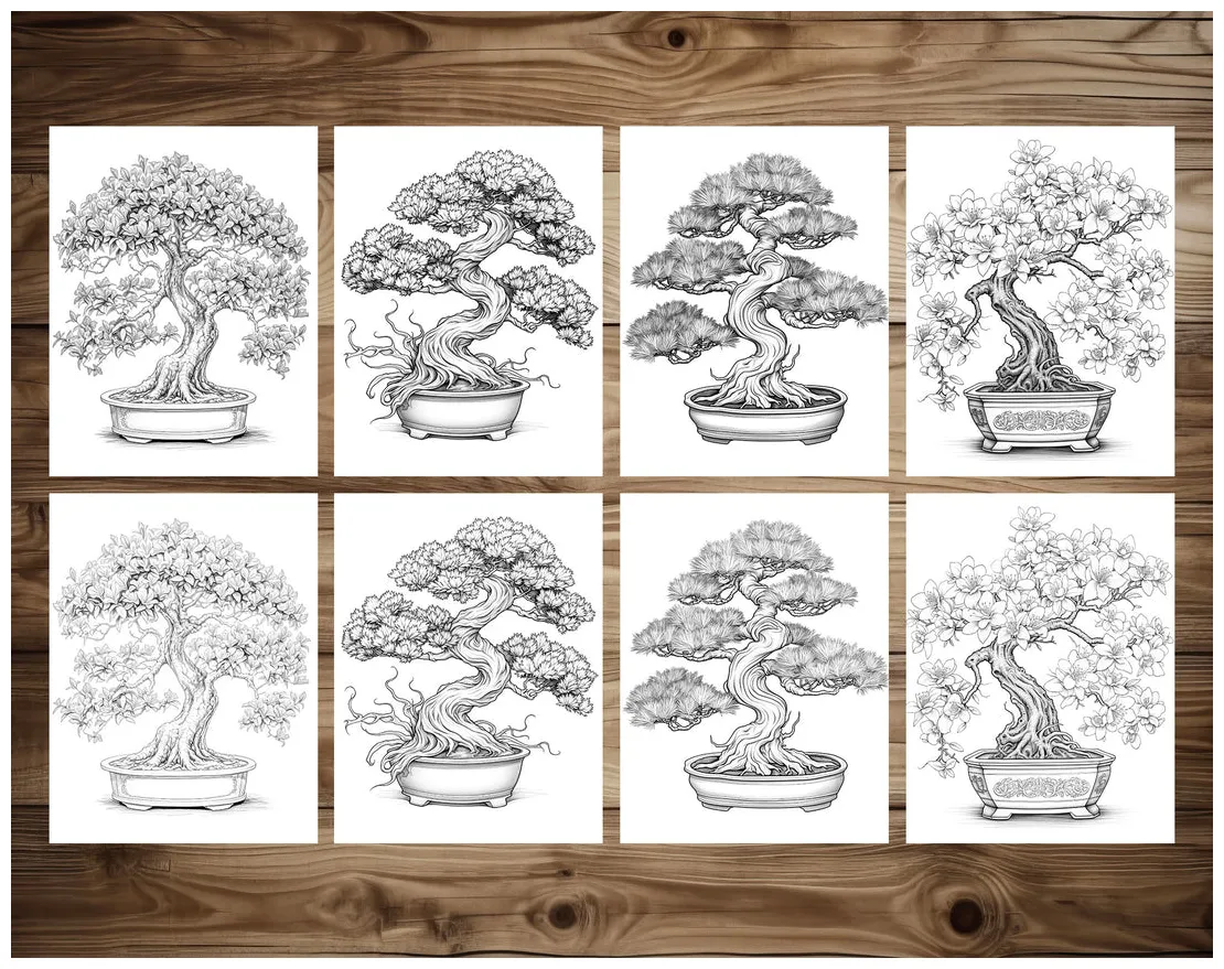 25 bonsai tree grayscale coloring pages instant download printable