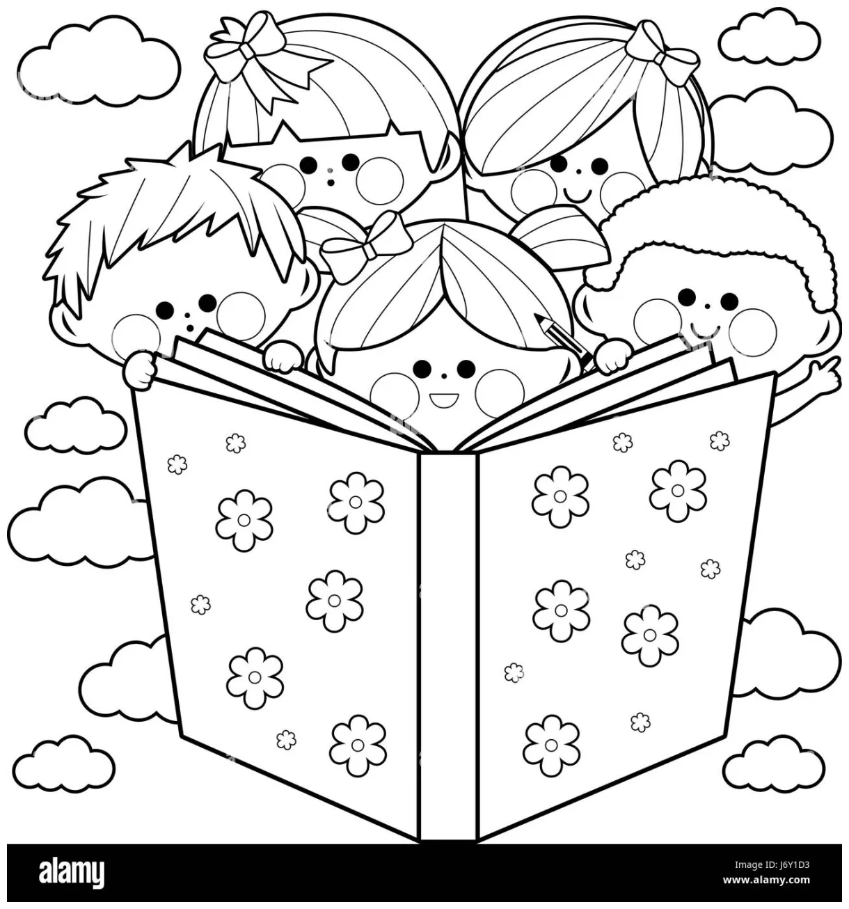 Group of kids reading a book coloring book page stock vector