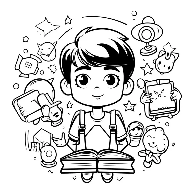 Premium vector vector illustration of a kid reading a book coloring page