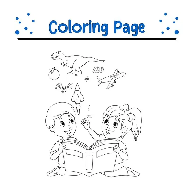 Premium vector coloring page kids reading book education concept