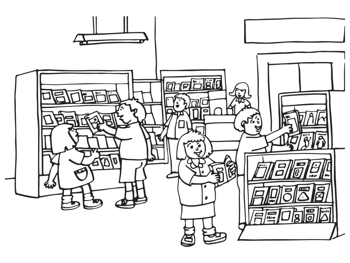 Vector illustration of children choosing books in a bookstore. Suitable