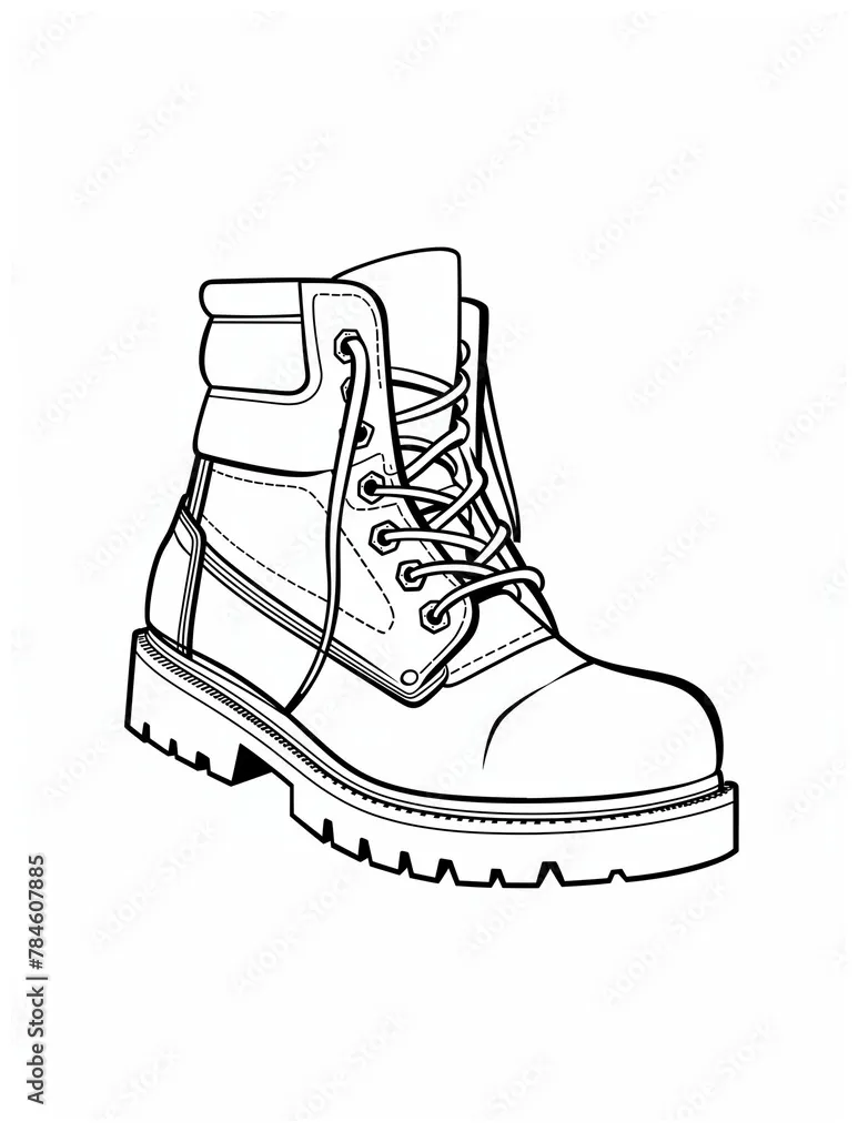 Coloring page of of timberland boot, line drawing of work boot stock