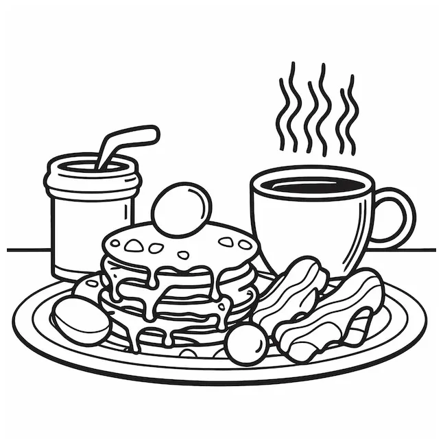 Premium vector breakfast scene with pancakes bacon eggs coloring page