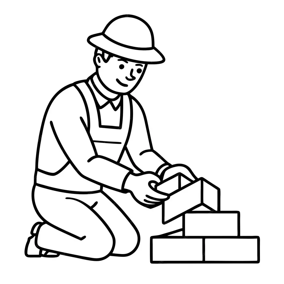 Premium vector a builder laying bricks line art