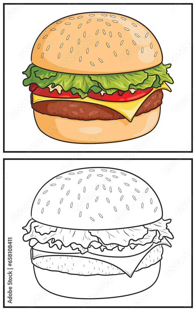 Coloring book cute burger. coloring page and colorful clipart character