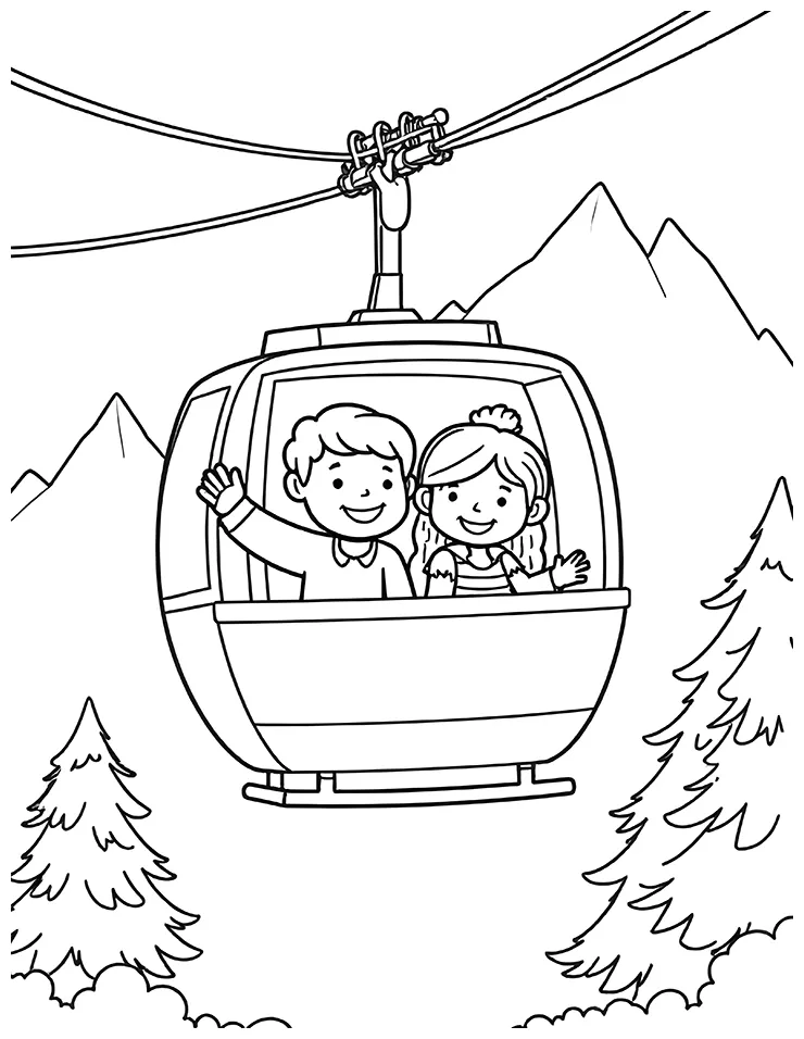 Cable car with a happy family coloring page