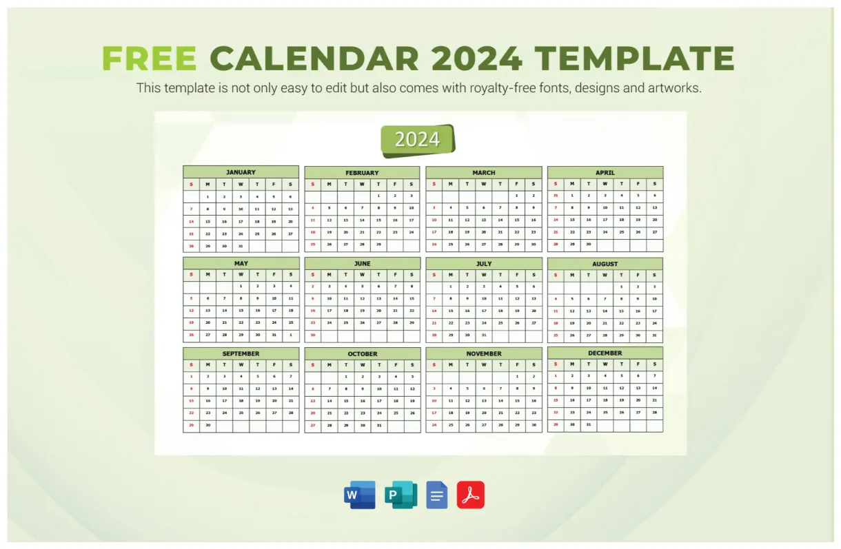Calendar 2024 template in google sheets, excel download template