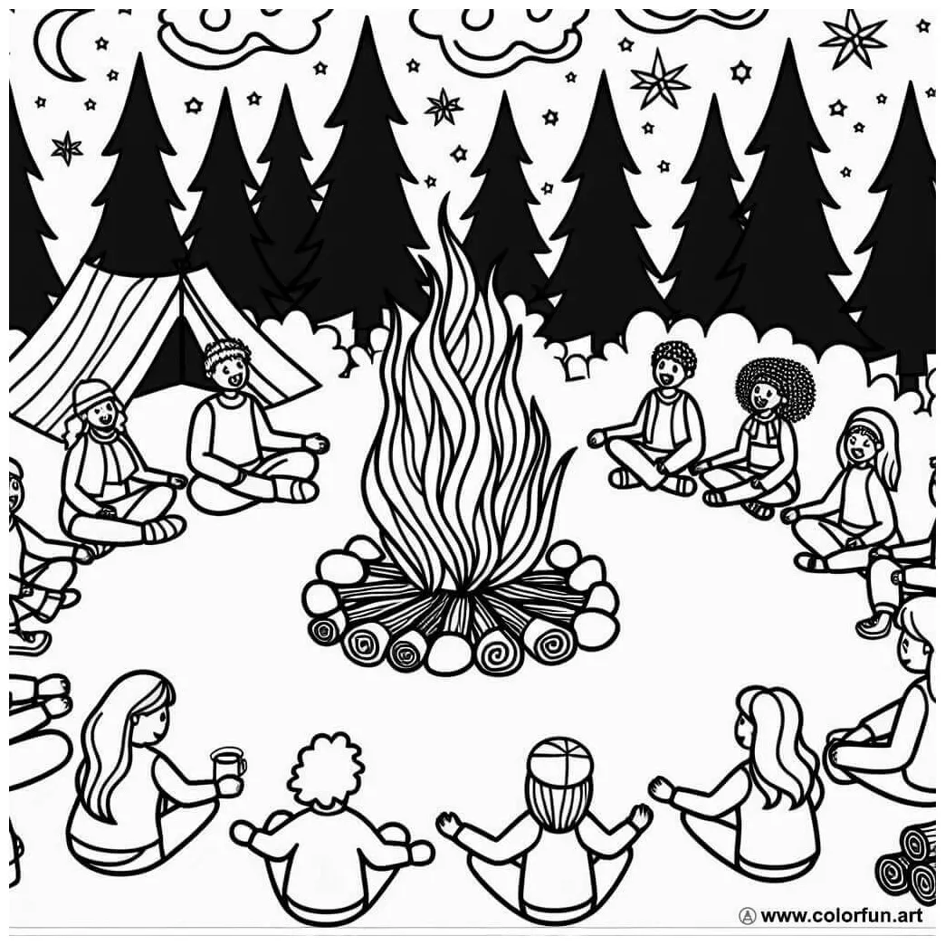 Coloring page around the campfire download or print for free