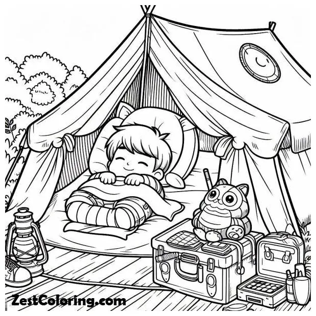 Boy Sleeping At Camping Tent Coloring Page : Coloring for Kids – Smart