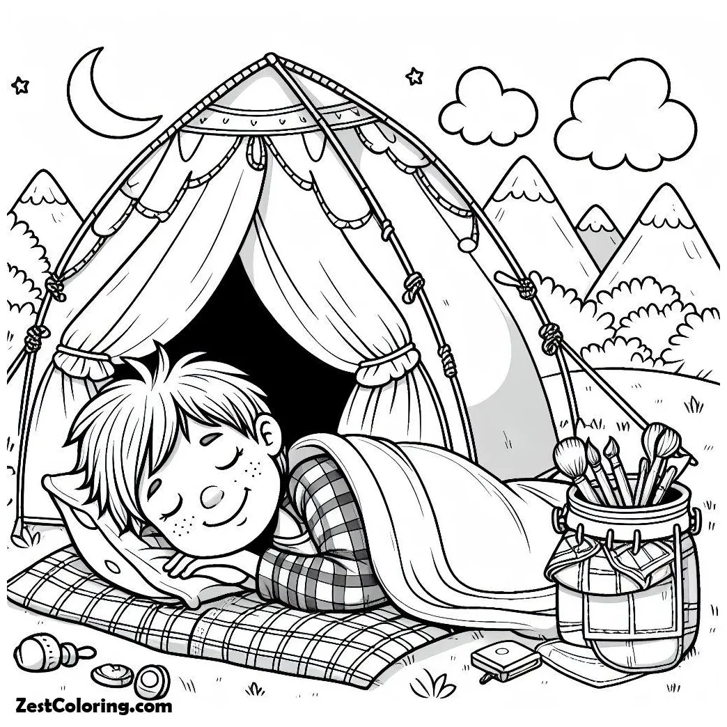 Boy Sleeping At Camping Tent Coloring Page 3 : Coloring for Kids