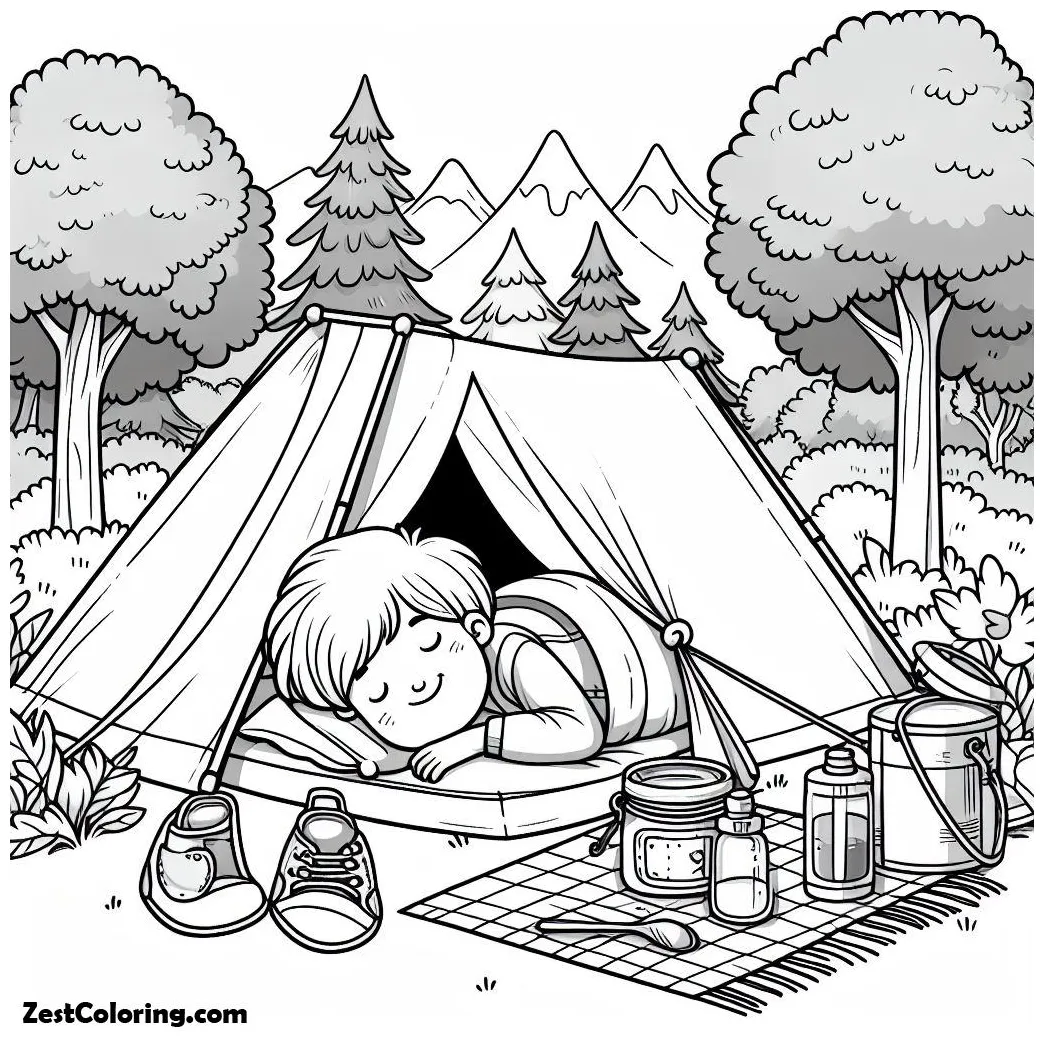 Boy Sleeping At Camping Tent Coloring Page 2 : Coloring for Kids