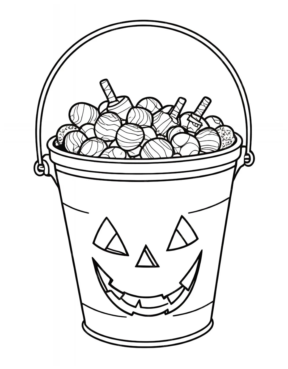 A halloweenthemed coloring page with a bucket of candy premium ai