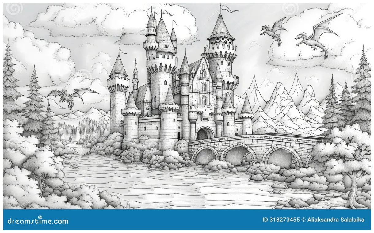 Fantasy castle coloring page, a magical castle coloring page with