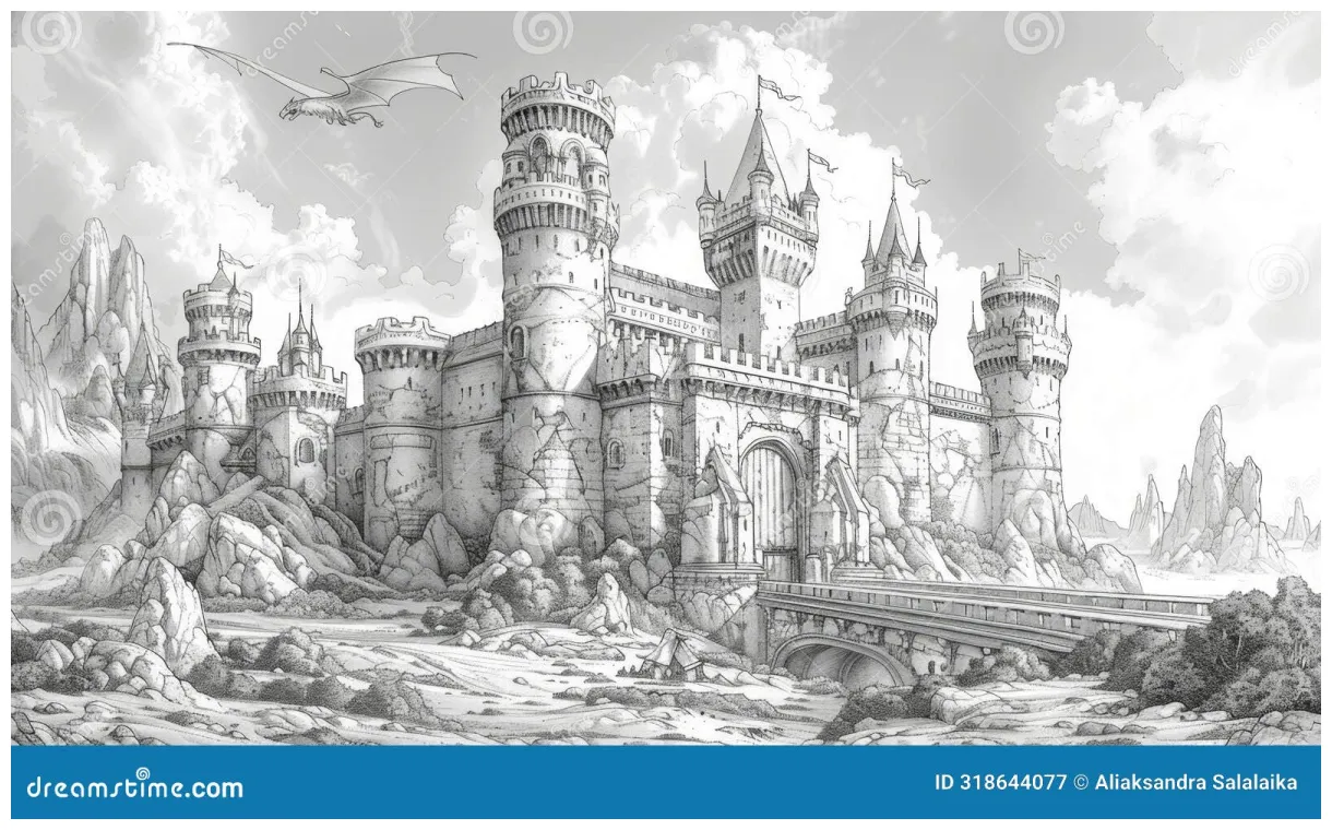Fantasy castle art, a castle coloring page with towers, drawbridge, and