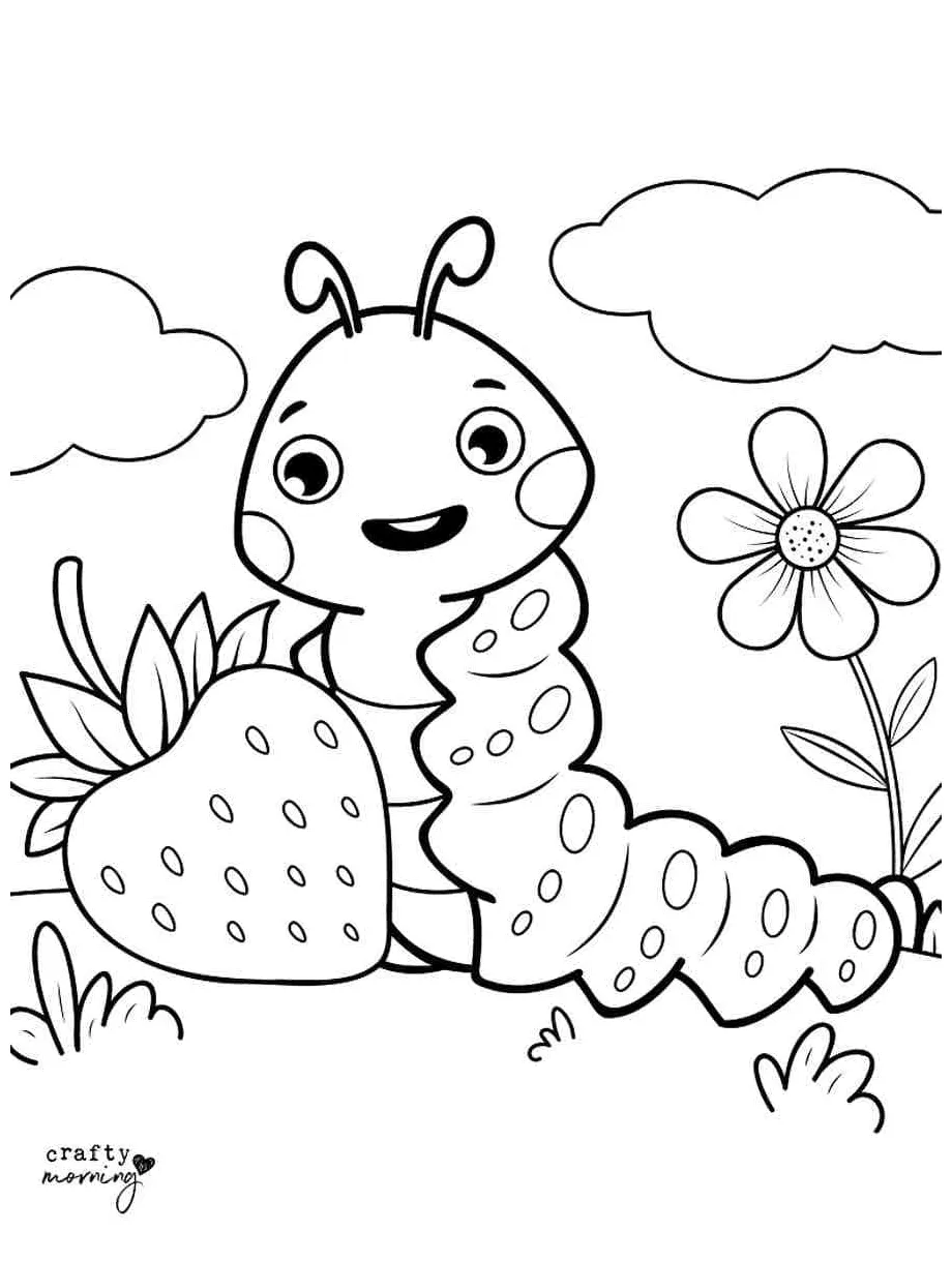 Caterpillar with strawberry coloring page download, print or color
