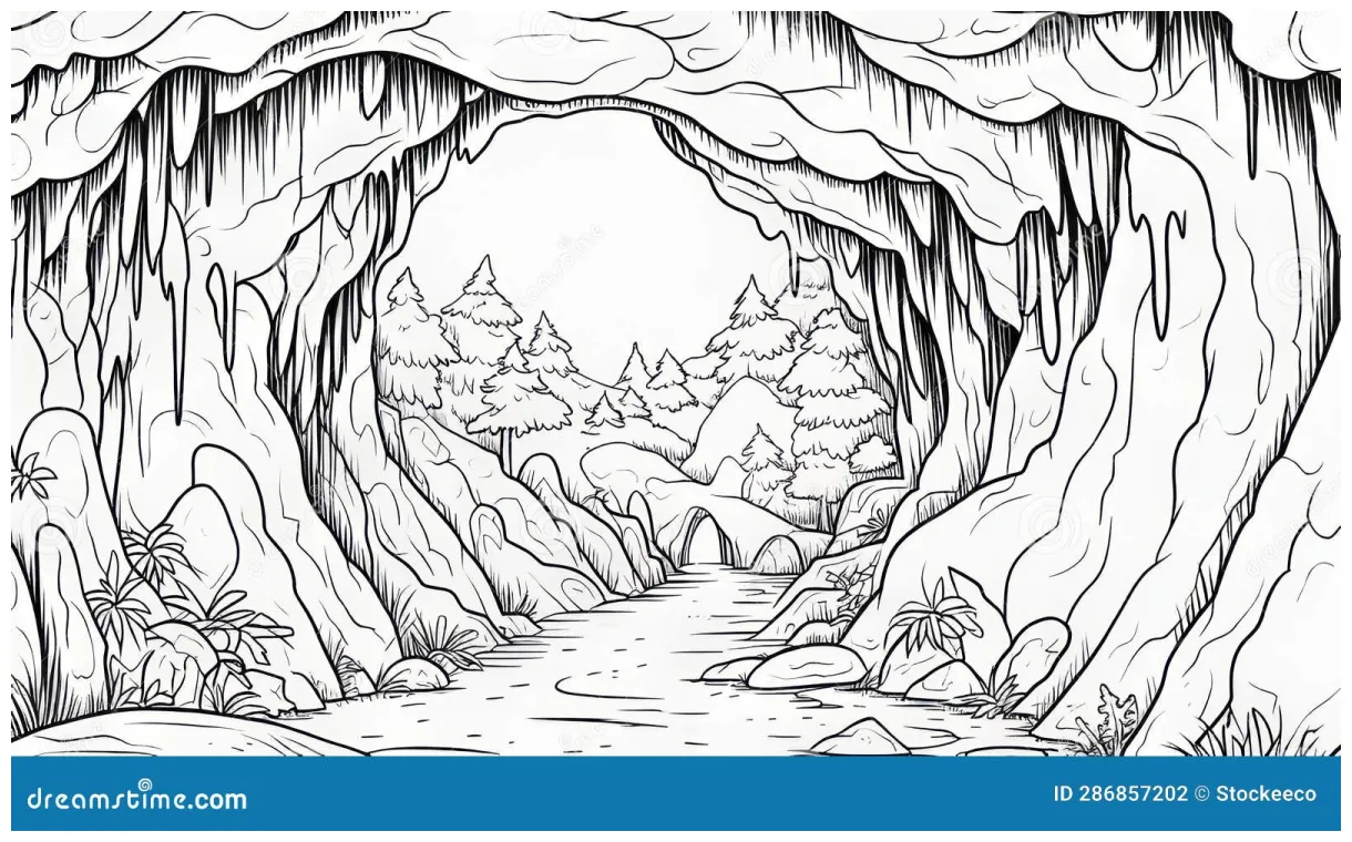Spectacular cave and stream coloring page stock illustration printable coloring page