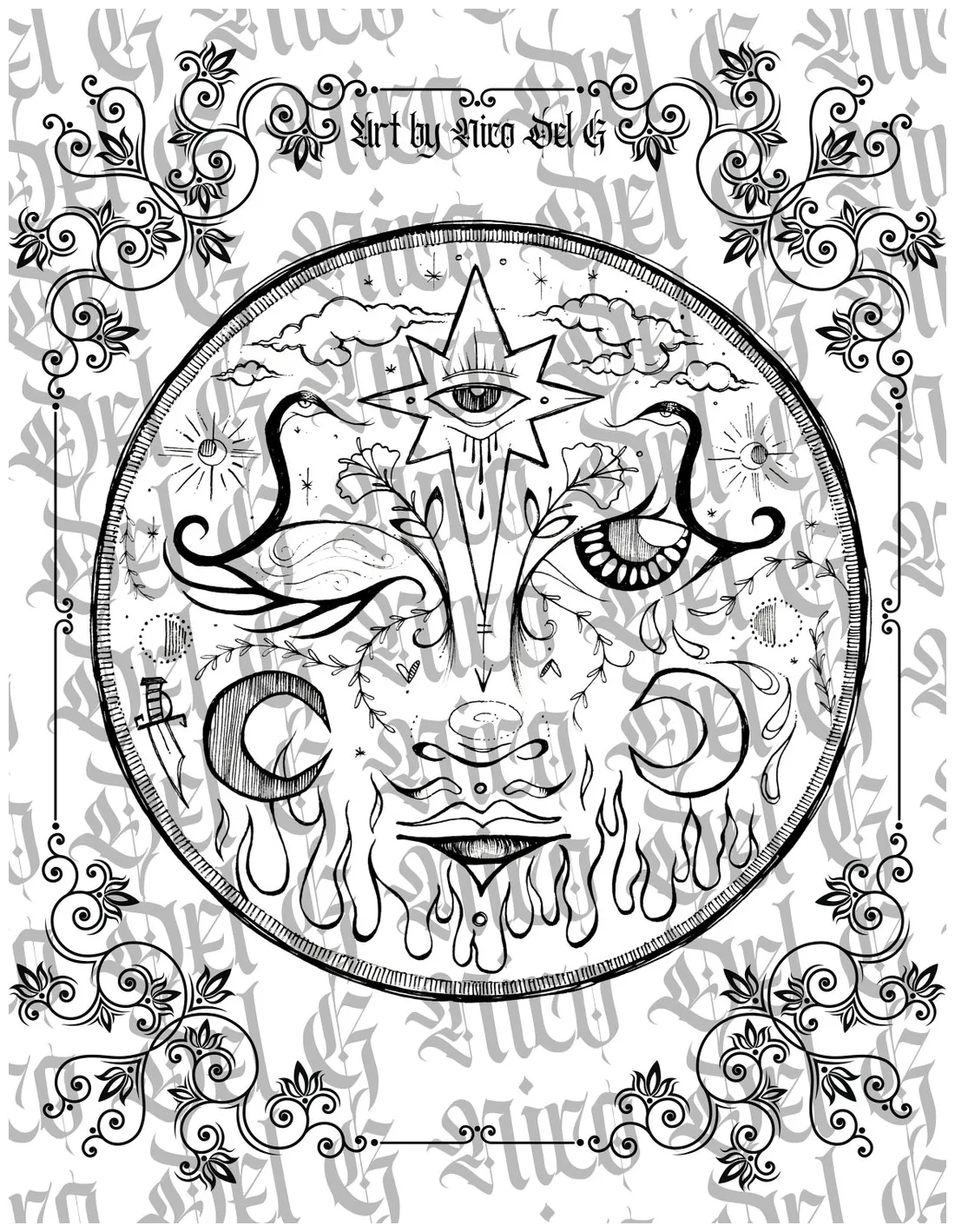 Celestial face printable coloring page digital download etsy