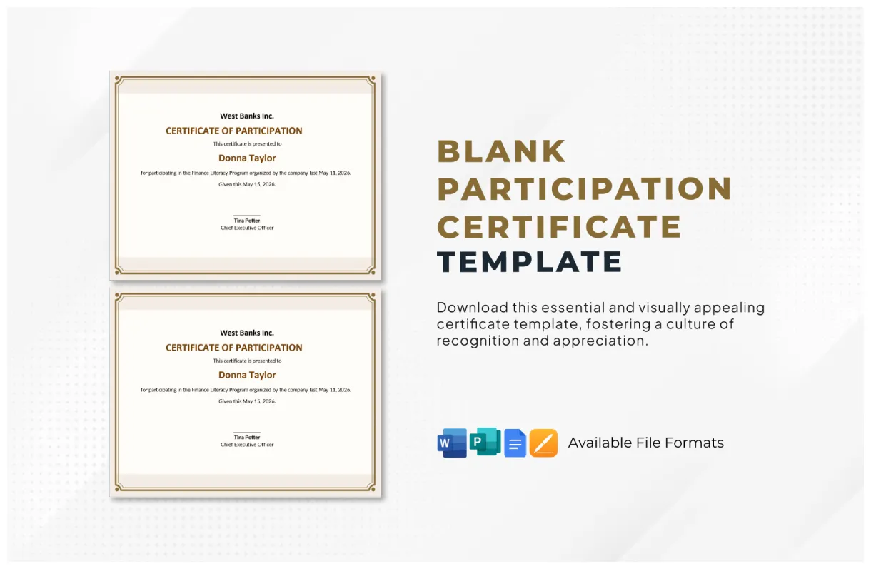 Participation certificate template in word, publisher download