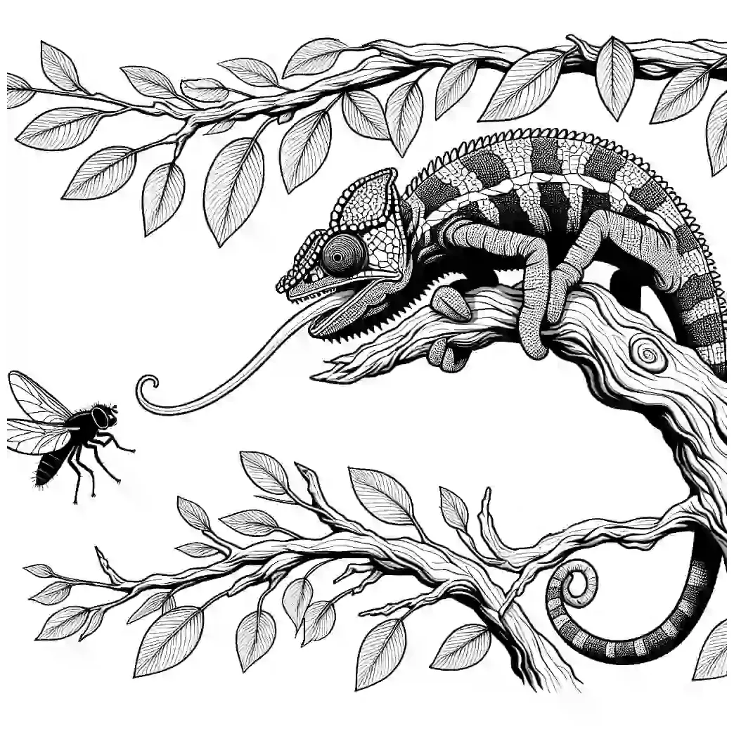 Chameleon on branch catching insect bee coloring page coloring jungle
