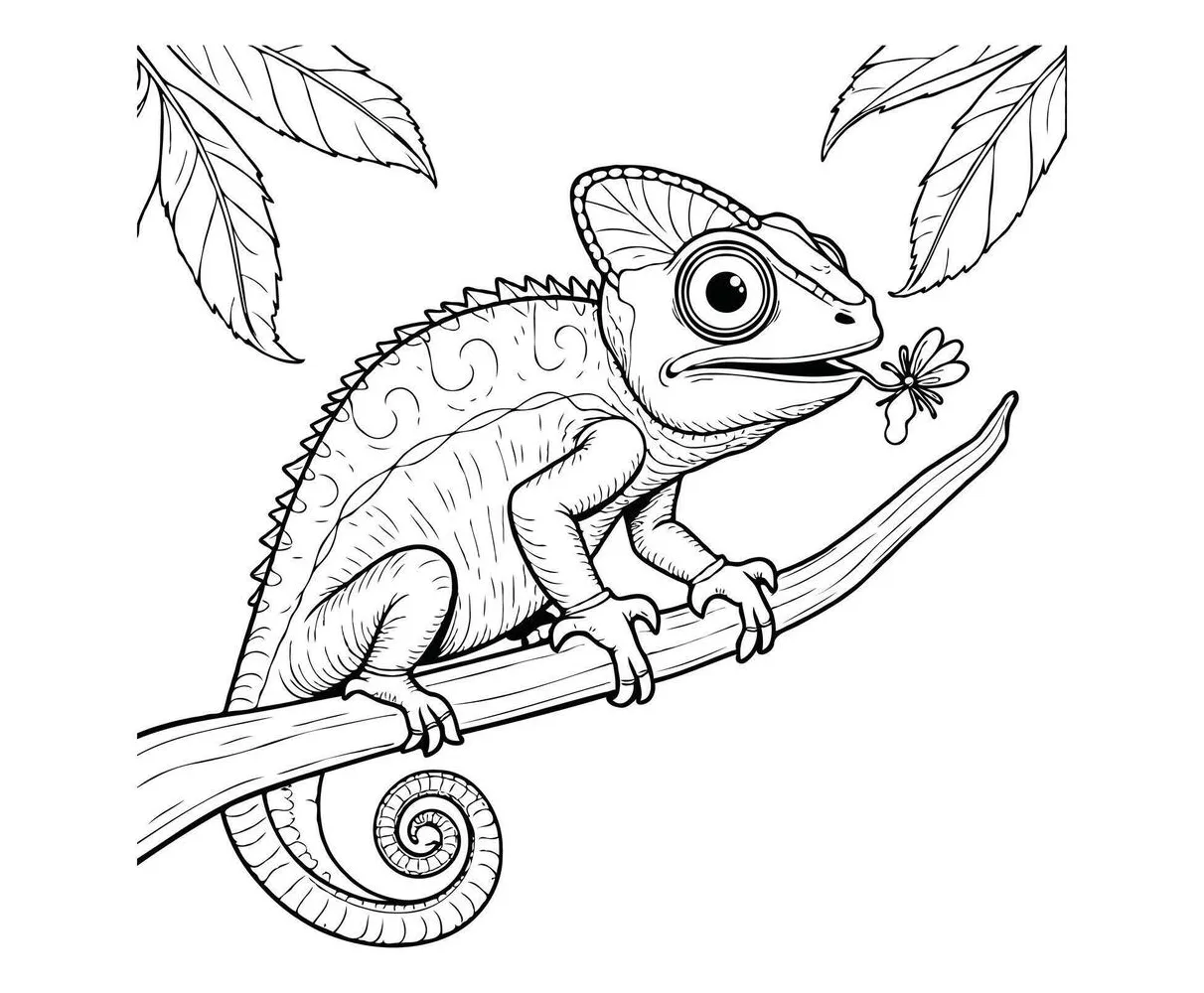 Chameleon catching insect on branch coloring page 59342722 vector art