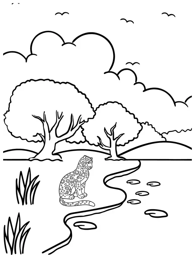 Cheetah in the forest printable coloring page
