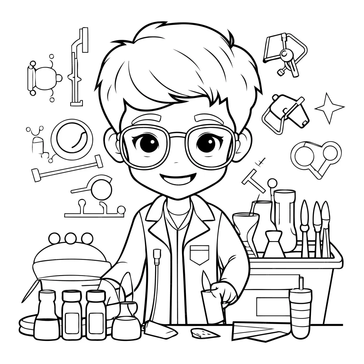Premium vector coloring page outline of a chemist boy with tools and