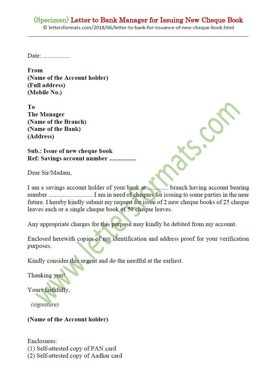 Request letter to bank for issuing new cheque book sample